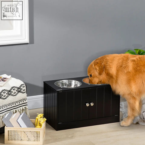 Pawhut raised pet feeder in black with two stainless steel bowls and storage cabinet doors for easy access