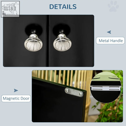 Shiny silver metal handles with fluted circular design on pawhut raised pet feeder with two stainless steel bowls black