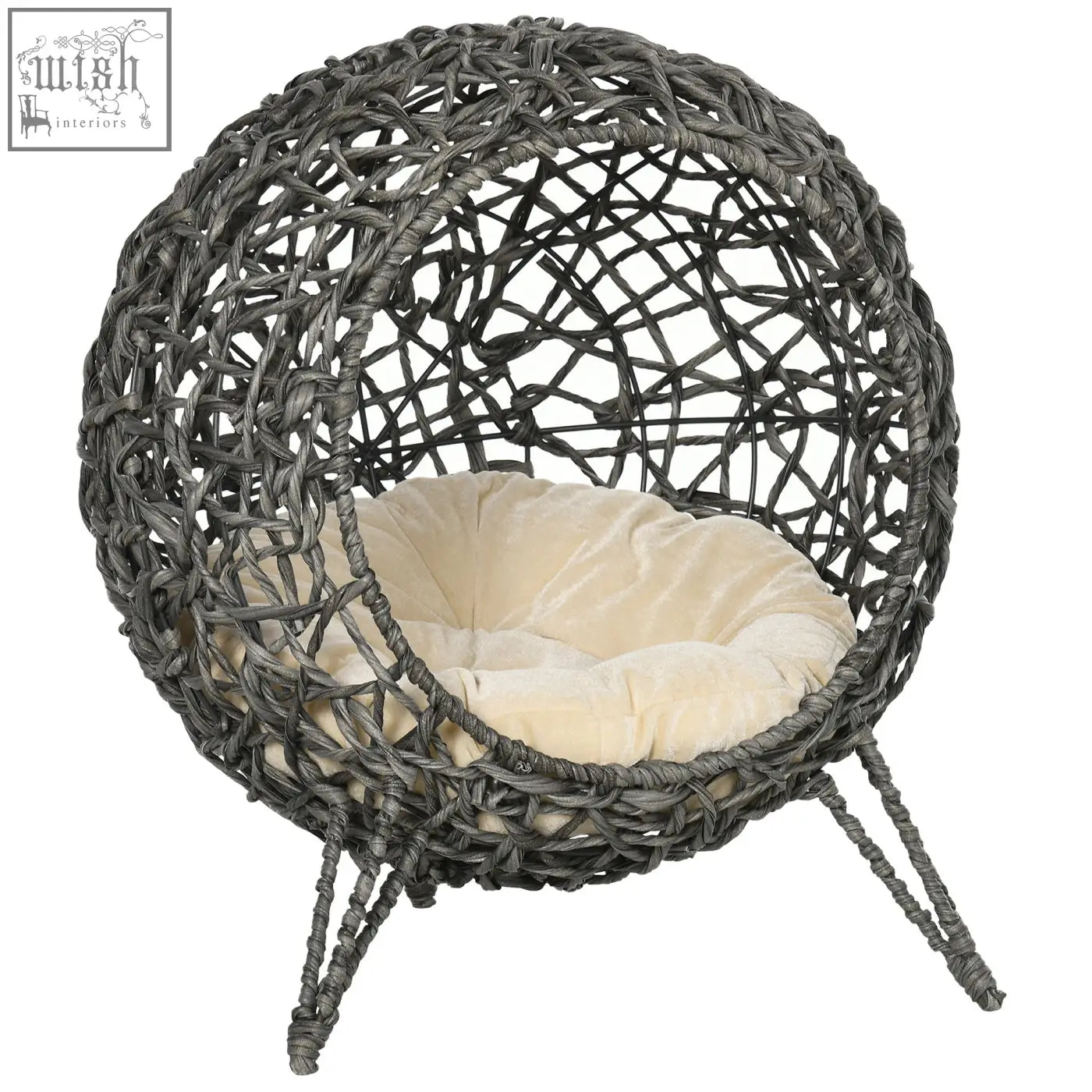 Gray hand woven pawhut rattan elevated spherical cat bed with cream cushion for pets cool comfort