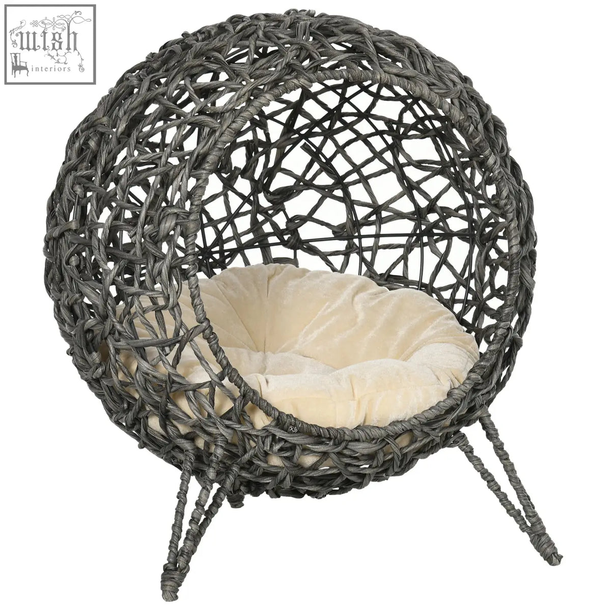 Gray hand woven pawhut rattan elevated spherical cat bed with cream cushion for pets cool comfort
