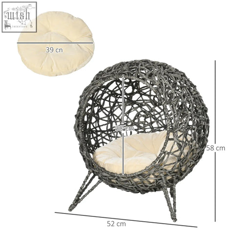 Gray hand woven wicker egg chair with cream cushion pawhut rattan elevated cozy spot for pets cool comfort