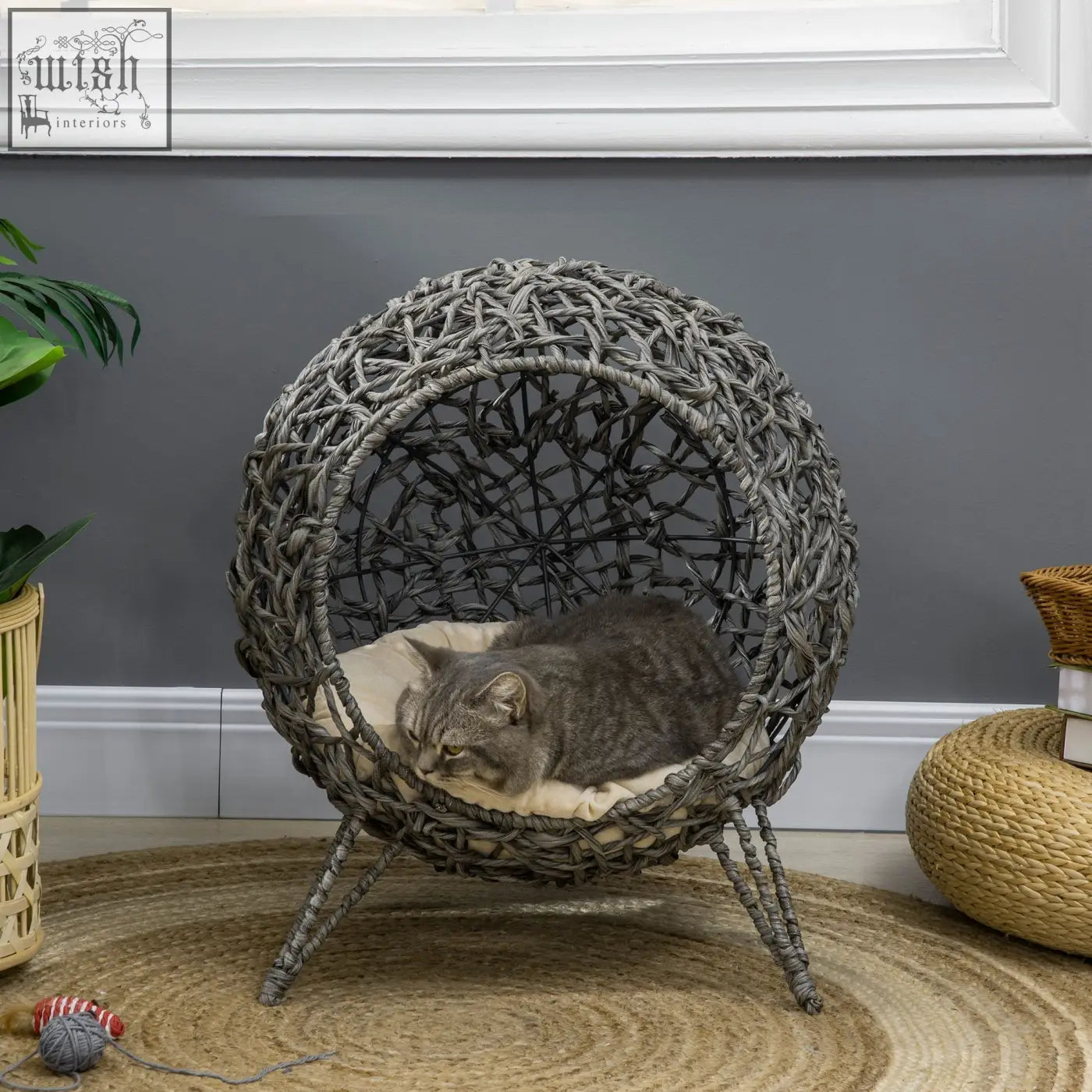 Gray hand woven pawhut rattan elevated cat bed with spherical design and three legs for pets cool comfort