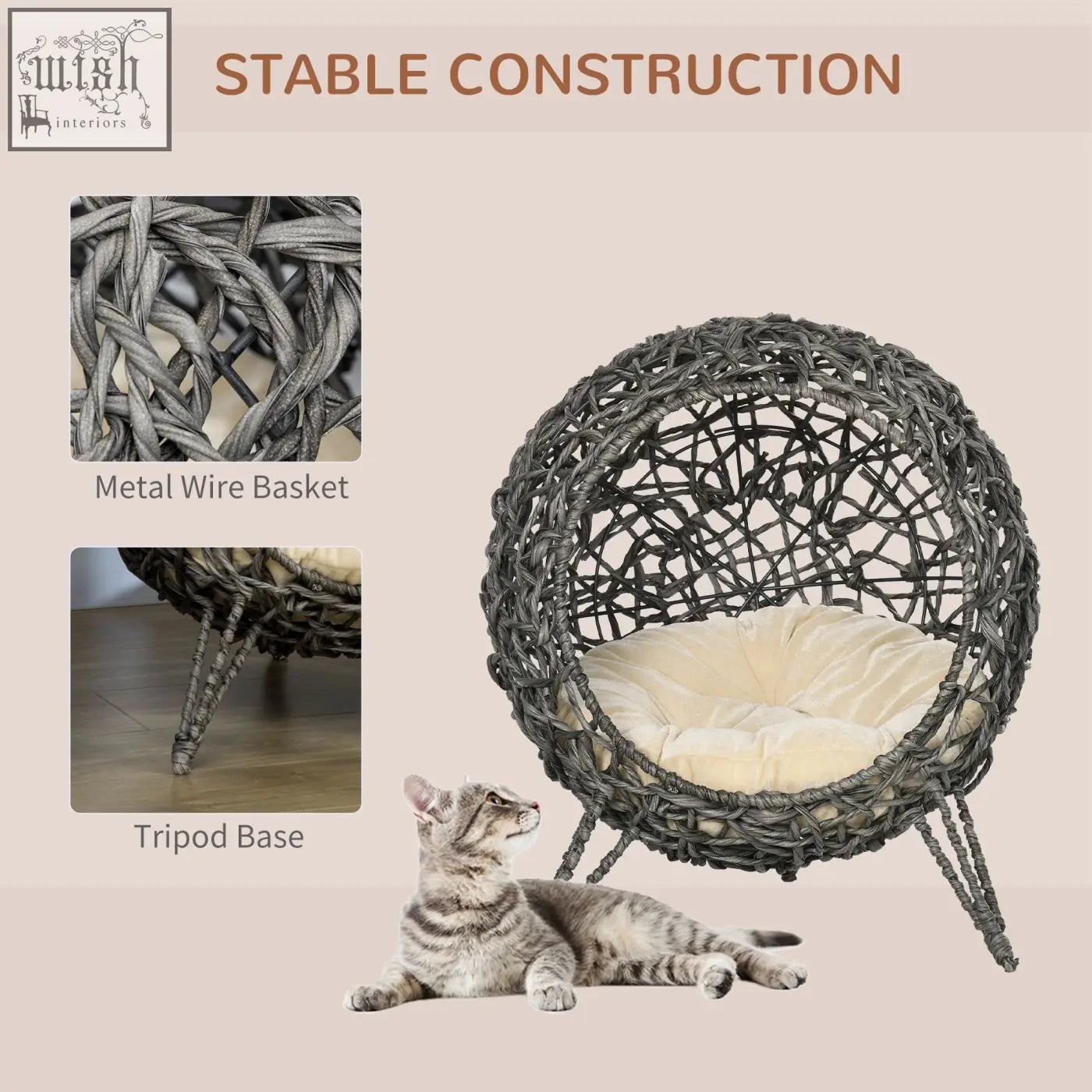 Dark gray hand woven pawhut rattan elevated cat hammock with cream cushion and tripod base for pets cool comfort