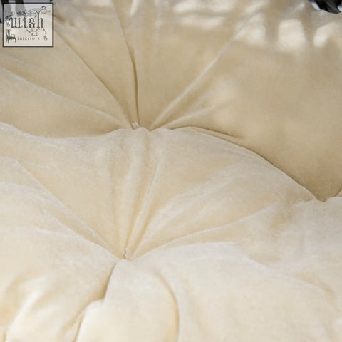 Cream-colored plush cushion with soft velvety texture for pawhut rattan elevated hand woven pet bed house in silver-tone gray