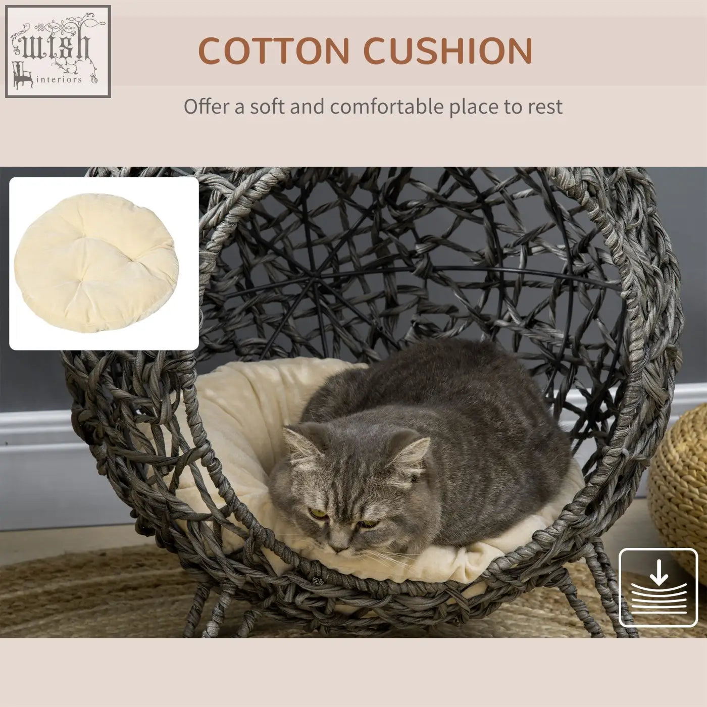 Cream-colored cotton cushion nestled inside a hand woven silver-tone pawhut rattan elevated cat bed for pets cool comfort