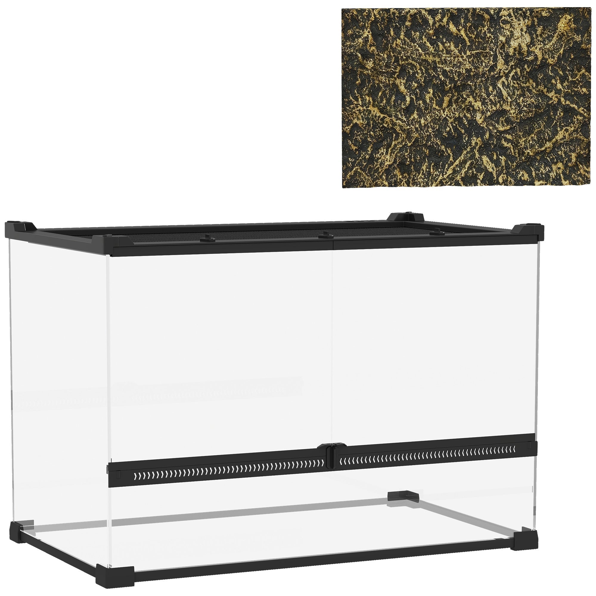 Clear glass terrarium with black frame and knob lock to prevent escapes featuring textured gold and black substrate