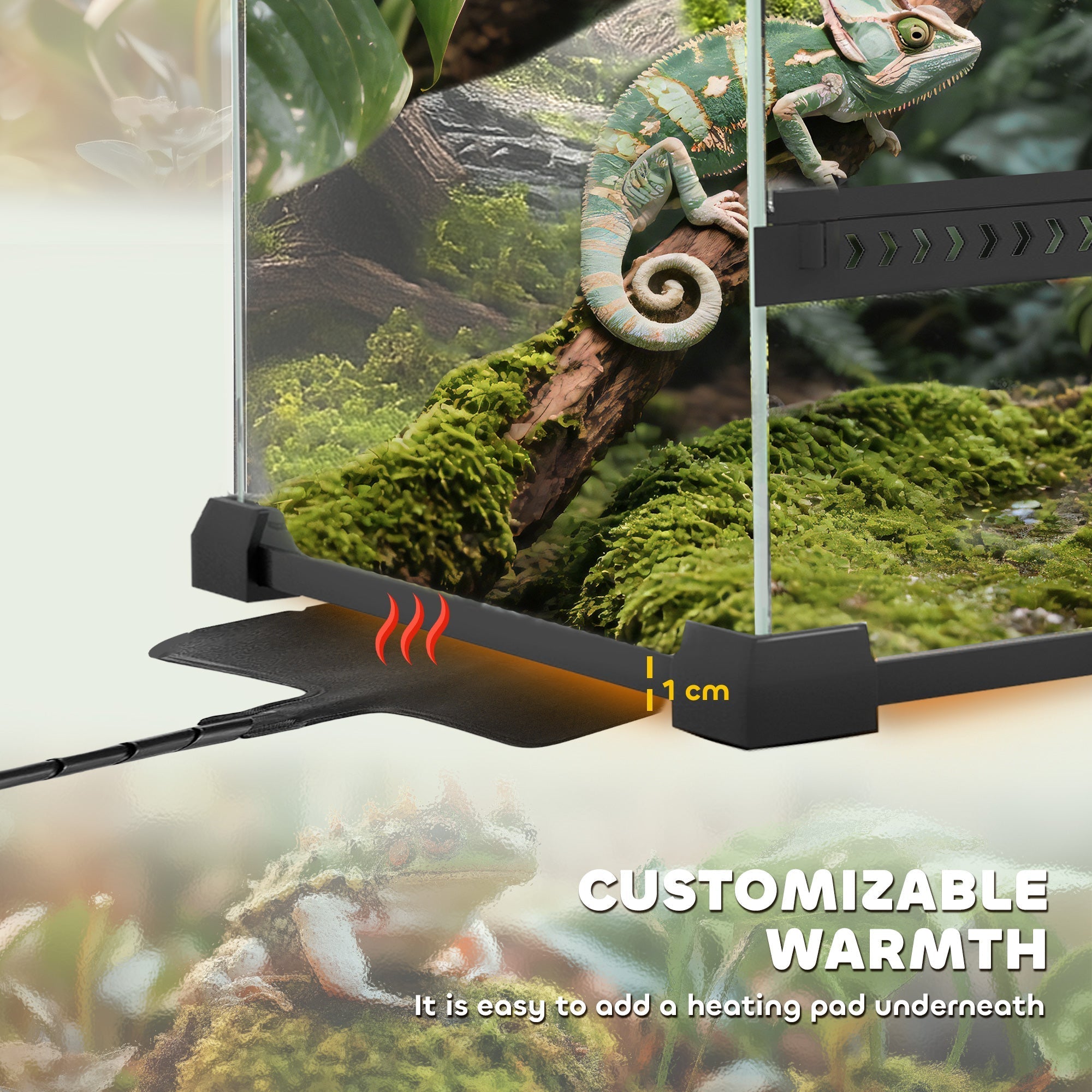 Black pawhut glass terrarium with knob lock and escape-proof feature under black heating pad with red indicator lights