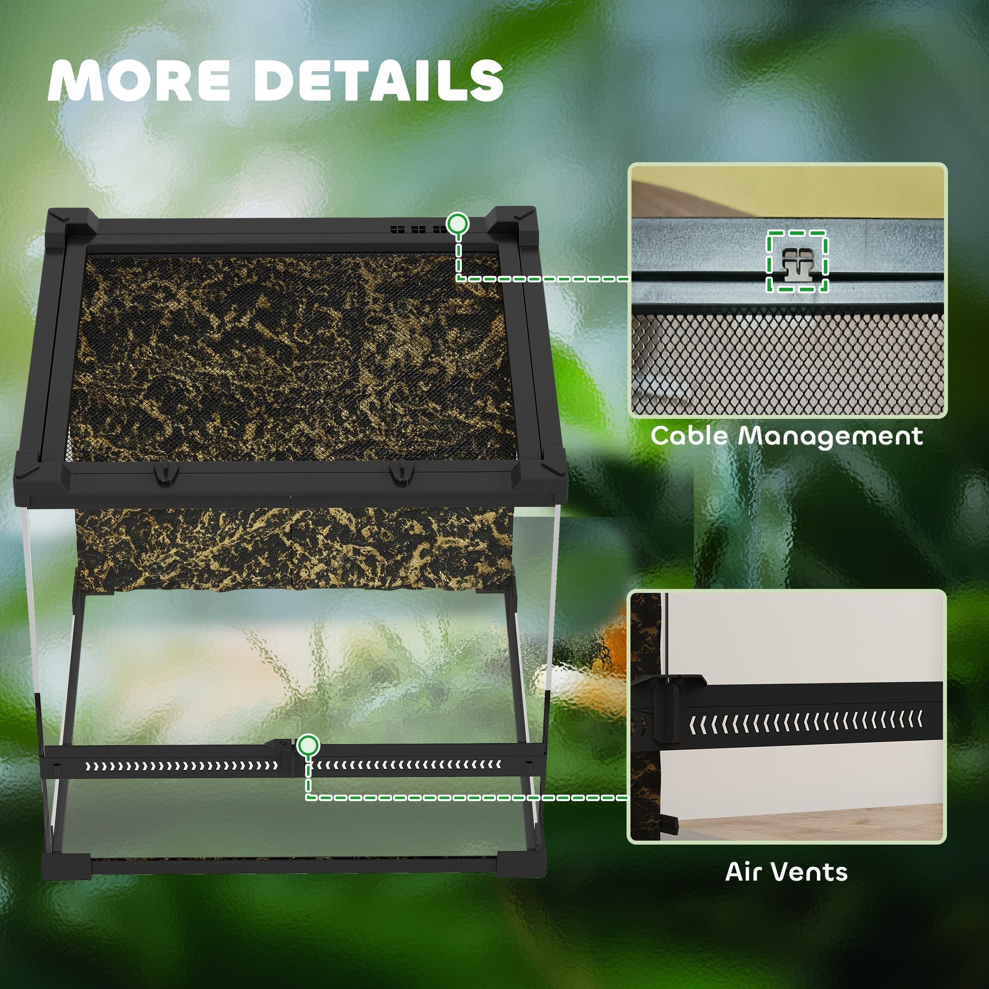 Black-framed pawhut glass terrarium with stone background, front ventilation, and escape-proof knob lock to prevent escapes