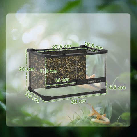 Black-framed pawhut glass terrarium with stone background and knob lock to prevent escapes with gecko inside