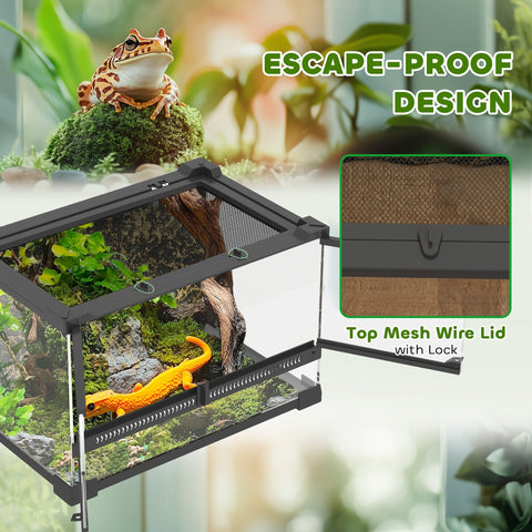 Black pawhut glass terrarium with knob lock and mesh lid designed to prevent escapes for reptiles