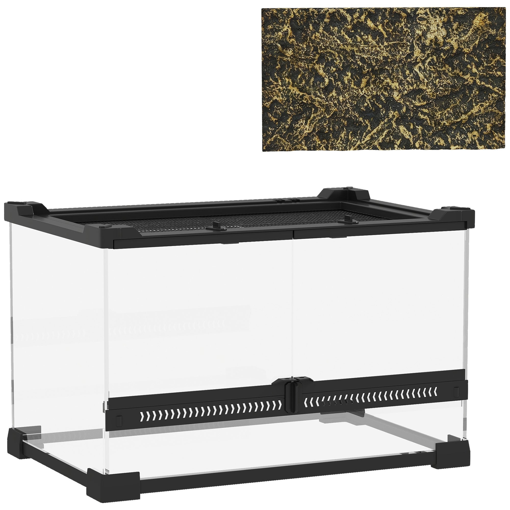 Clear acrylic glass terrarium with black frame and textured moss insert featuring knob lock to prevent escapes