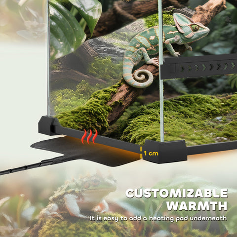 Black plastic heating pad with red heat lines and measurement marker for pawhut glass terrarium with knob lock to prevent escapes