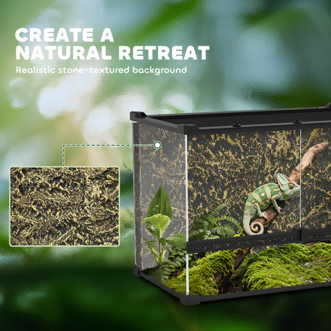 Rectangular black glass terrarium with stone background and knob lock to prevent escapes housing a green chameleon