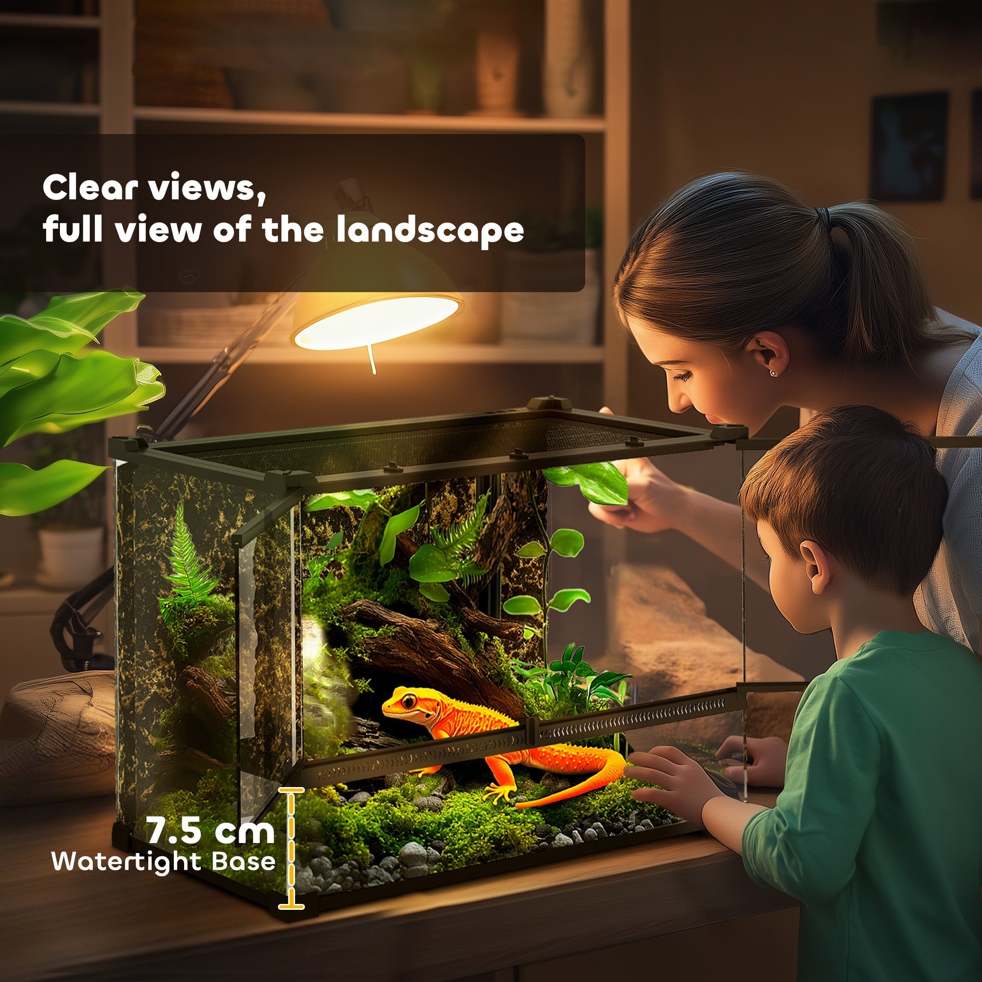 Clear glass terrarium with black metal frame and knob lock to prevent escapes housing an orange gecko and greenery