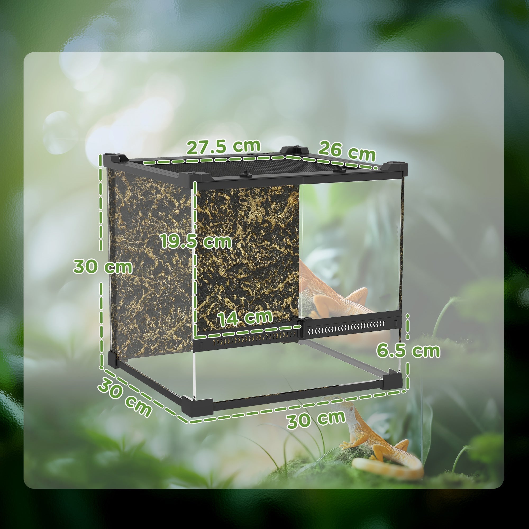 Black and gold marbled glass terrarium with black metal frame and knob lock to prevent escapes by PawHut
