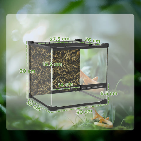Black and gold marbled glass terrarium with black metal frame and knob lock to prevent escapes by PawHut