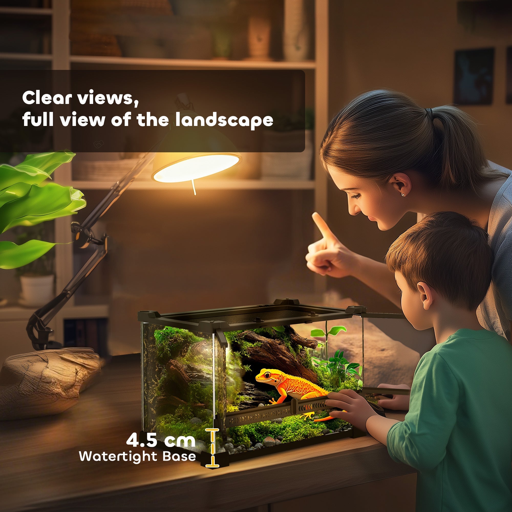 A pawhut black glass terrarium with knob lock features stone background and front ventilation to prevent escapes