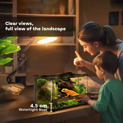 A pawhut black glass terrarium with knob lock features stone background and front ventilation to prevent escapes