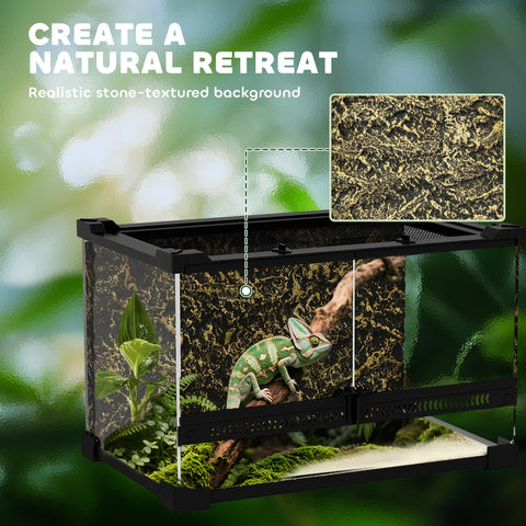 Black pawhut reptile glass terrarium with stone background and knob lock to prevent escapes, 30 x 20 x 20 cm