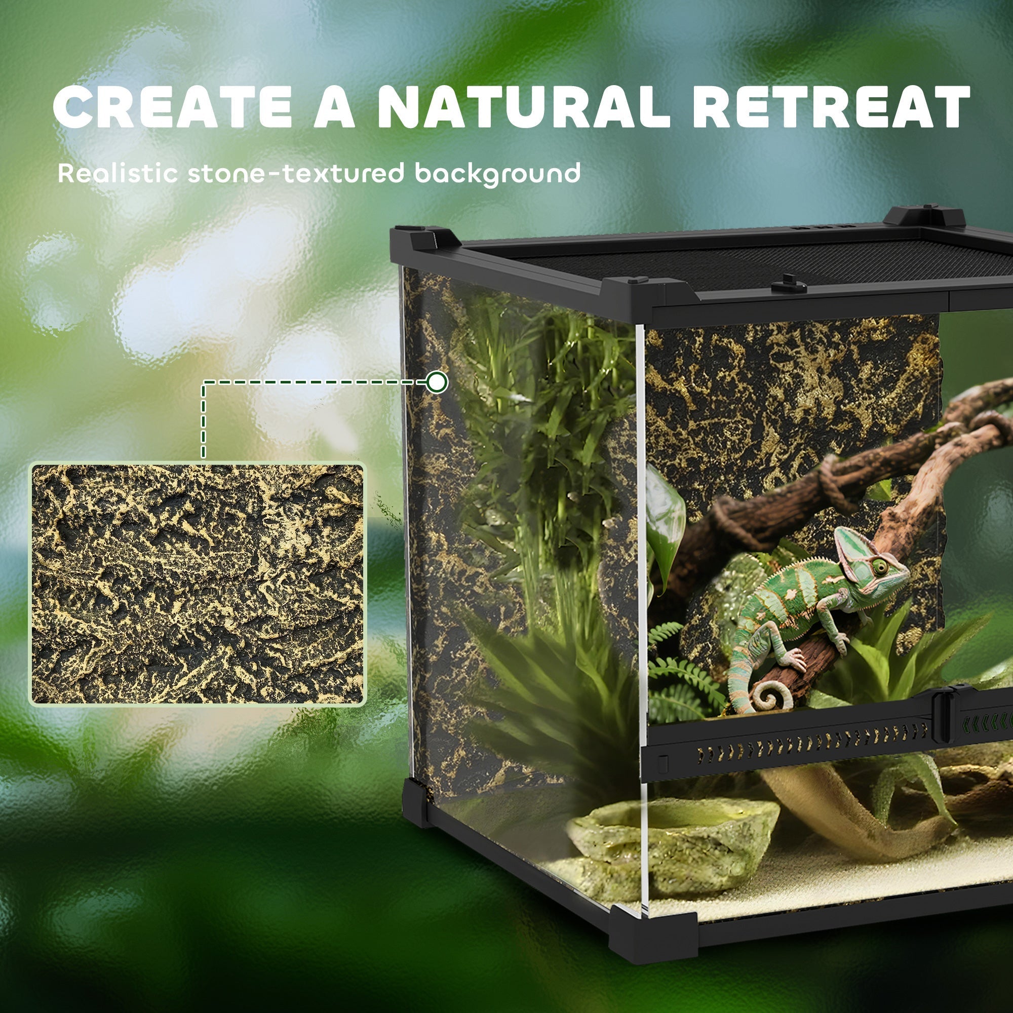 Black-framed pawhut glass terrarium with knob lock and stone background to prevent escapes with green chameleon inside