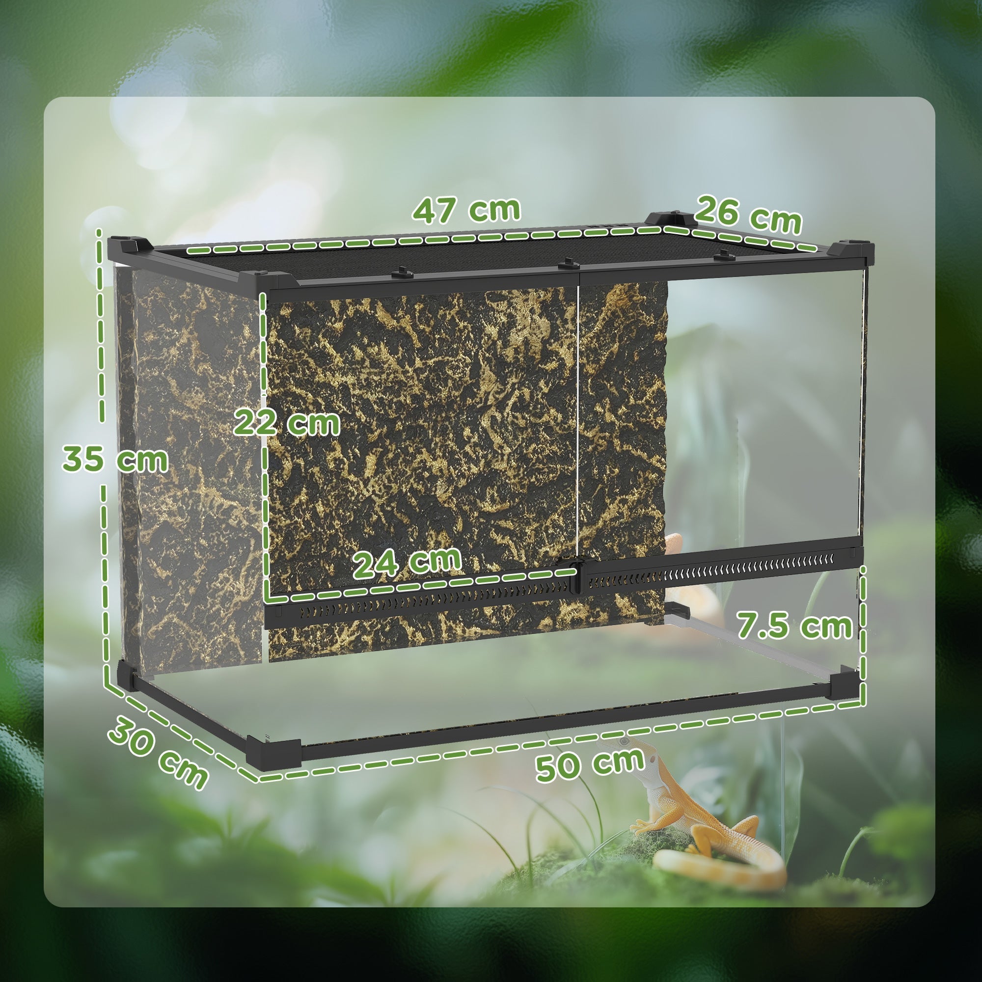 Rectangular black glass terrarium with gold marble panels and knob lock to prevent escapes for reptiles