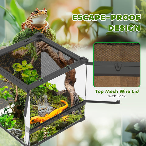 Black pawhut glass terrarium with stone background and escape-proof knob lock to prevent escapes for reptiles