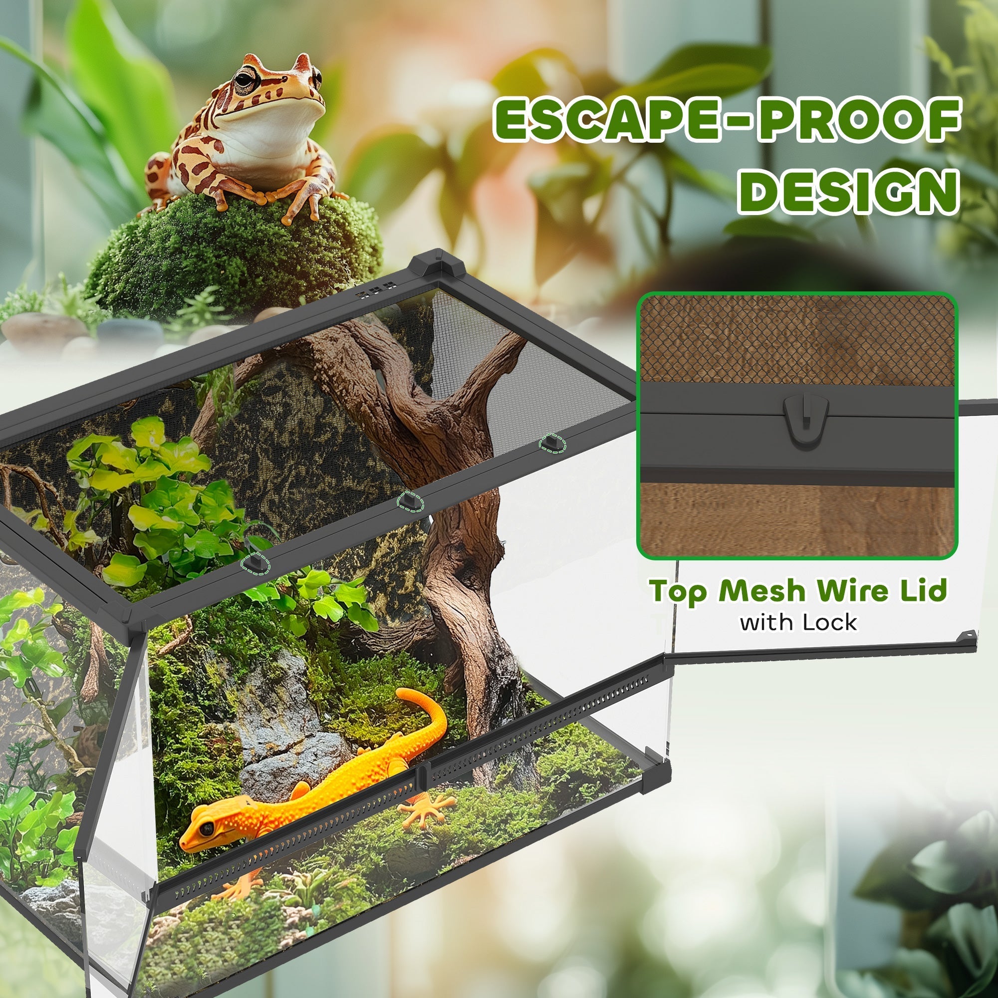 Pawhut black glass terrarium with transparent sides mesh wire lid and knob lock to prevent escapes and front ventilation