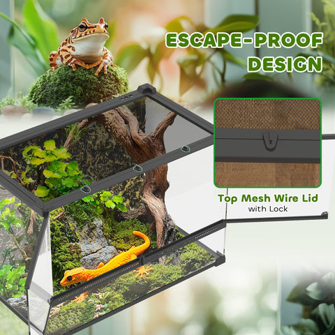 Pawhut black glass terrarium with transparent sides mesh wire lid and knob lock to prevent escapes and front ventilation
