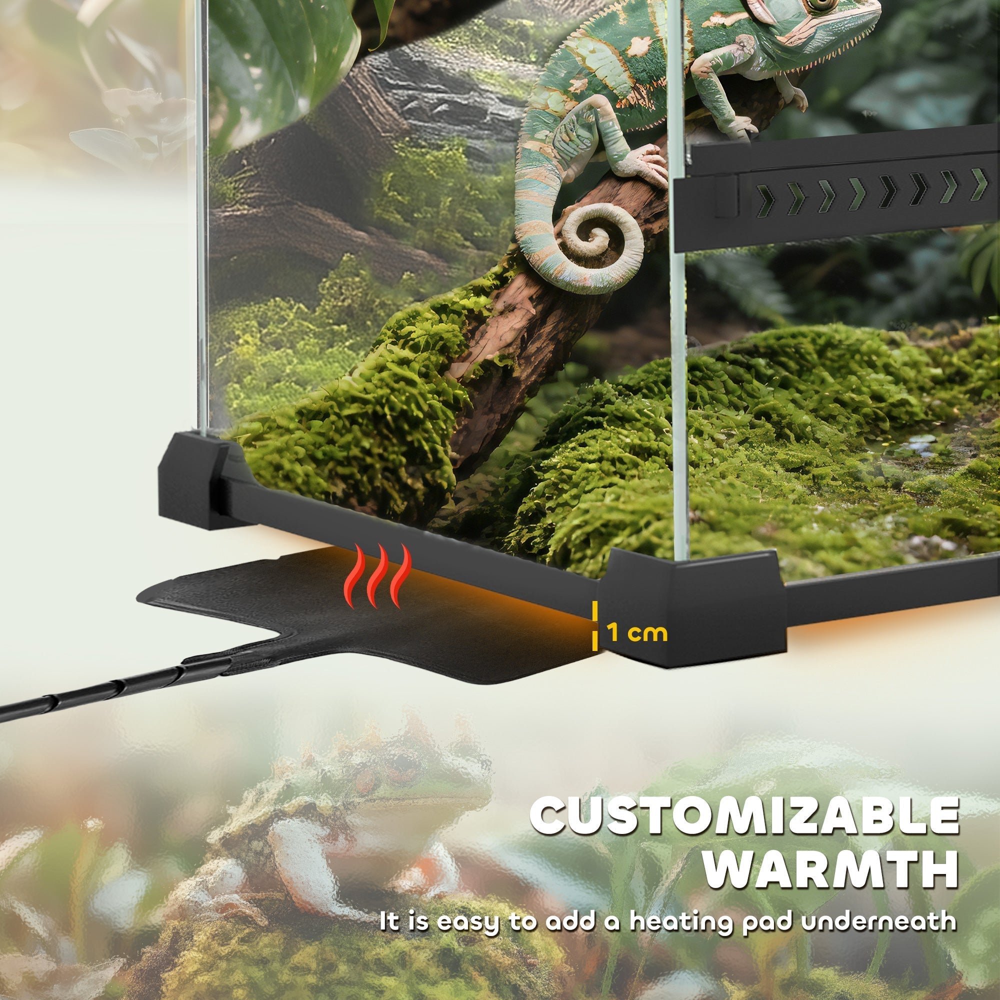 Black plastic heating pad with red heat lines and 1 cm mark for pawhut glass terrarium with knob lock to prevent escapes