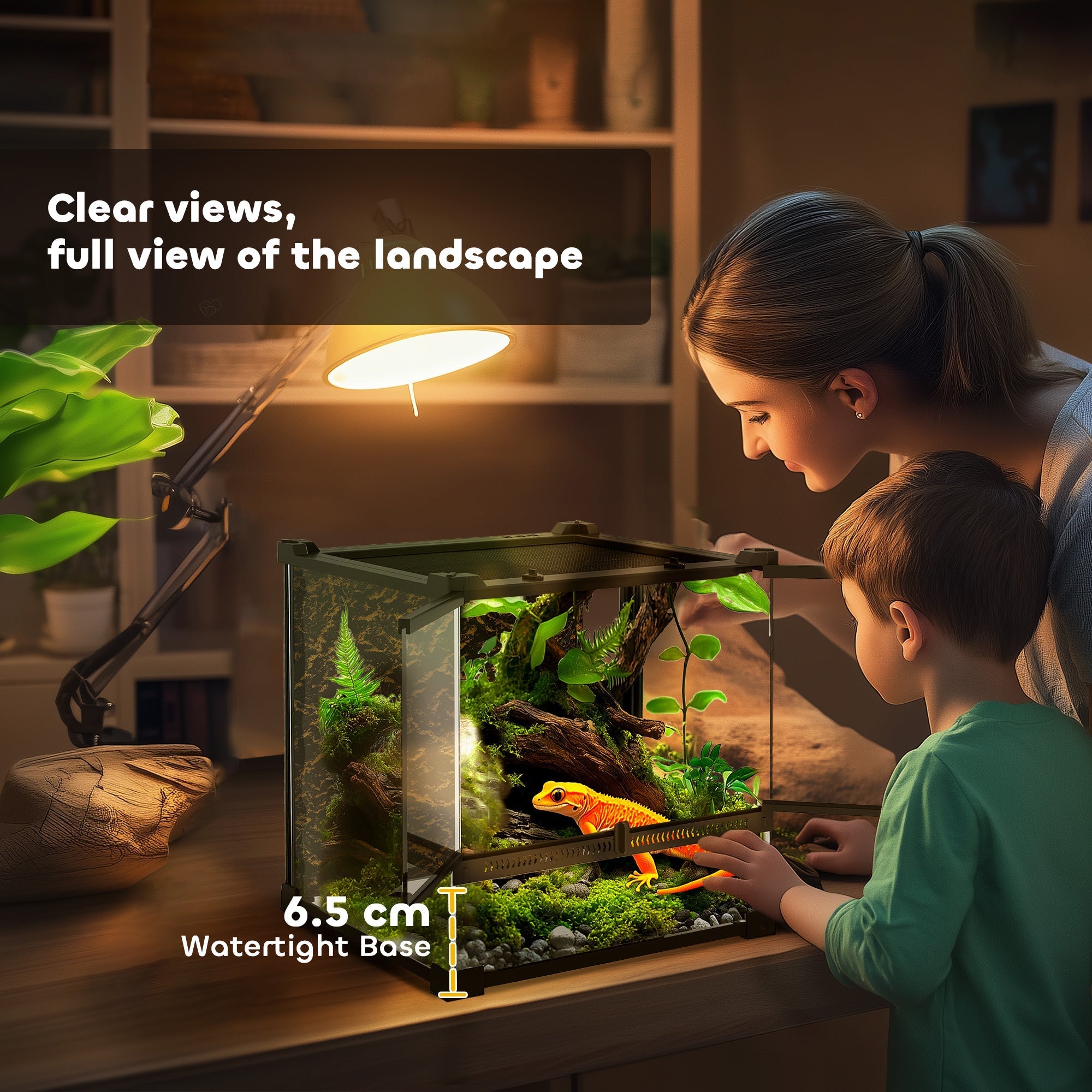A black framed pawhut glass terrarium with knob lock to prevent escapes featuring moss and an orange gecko inside