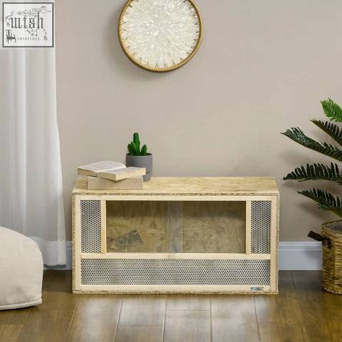 Light-colored wooden pawhut reptile terrarium with breathable mesh panels and clear glass door for lizards and snakes