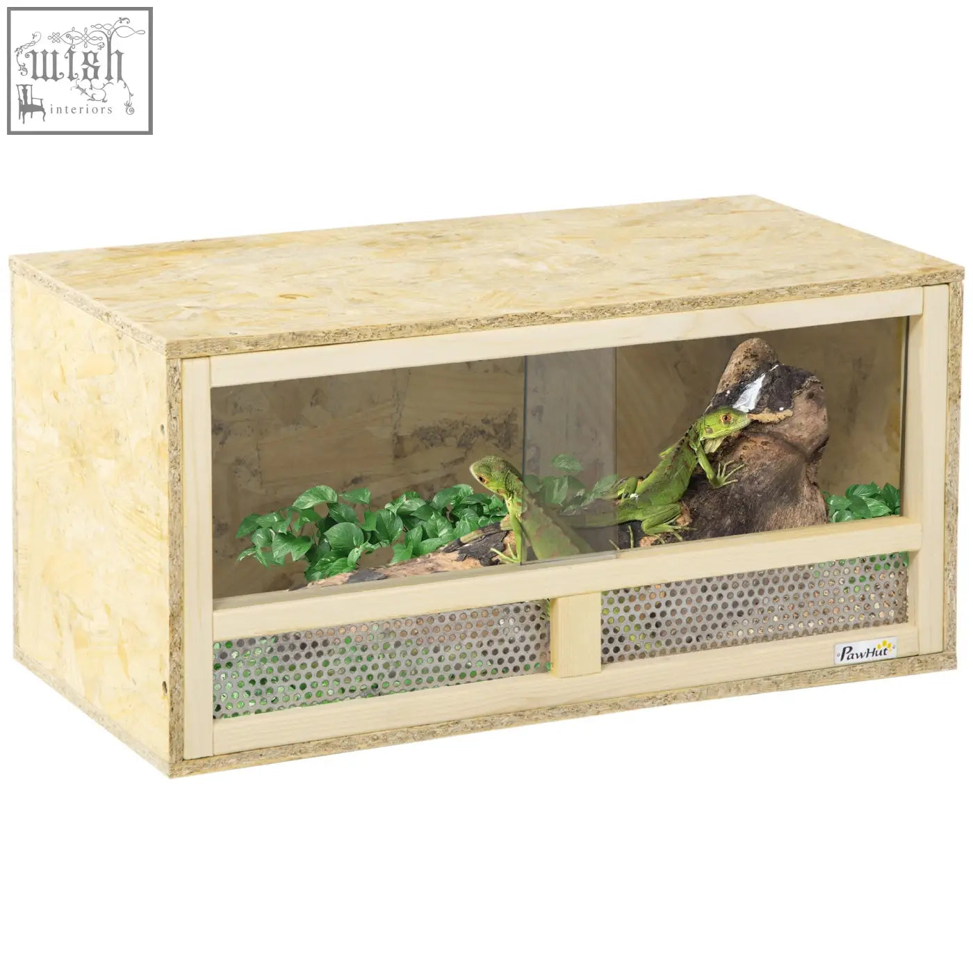 Beige wooden pawhut reptile terrarium with clear glass front and breathable mesh panels for lizards and snakes