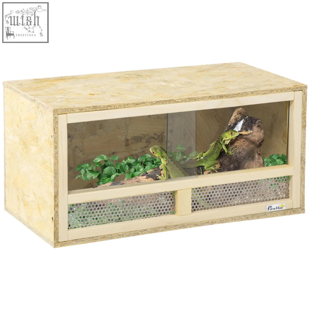 Beige wooden pawhut reptile terrarium with clear glass front and breathable mesh panels for lizards and snakes