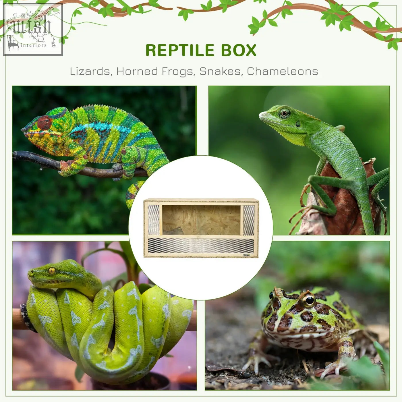 Light-colored wooden pawhut reptile terrarium with clear front panel and breathable mesh panels for lizards and snakes
