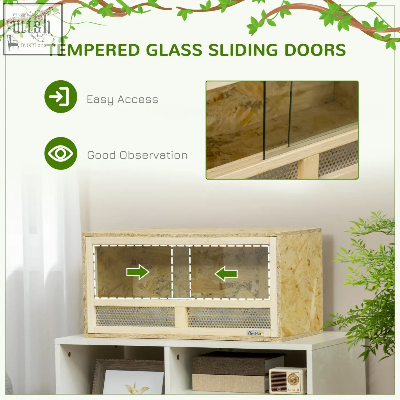Beige wooden-framed pawhut reptile terrarium with tempered glass sliding doors and breathable mesh panels for reptiles