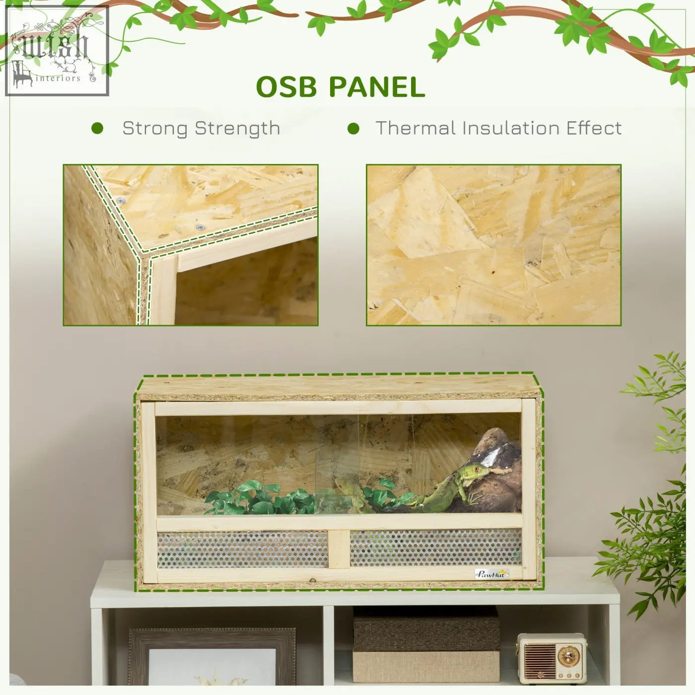 Rectangular wooden pawhut reptile terrarium with clear glass front and breathable mesh panels for lizards and snakes