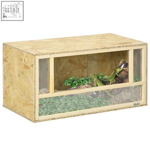 Beige wooden pawhut reptile terrarium with breathable mesh panels and glass front for lizards and snakes 80x40x40 cm
