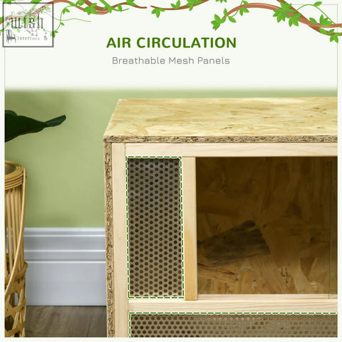 Light-colored wooden pawhut reptile terrarium with breathable mesh panels and transparent sliding doors for reptiles