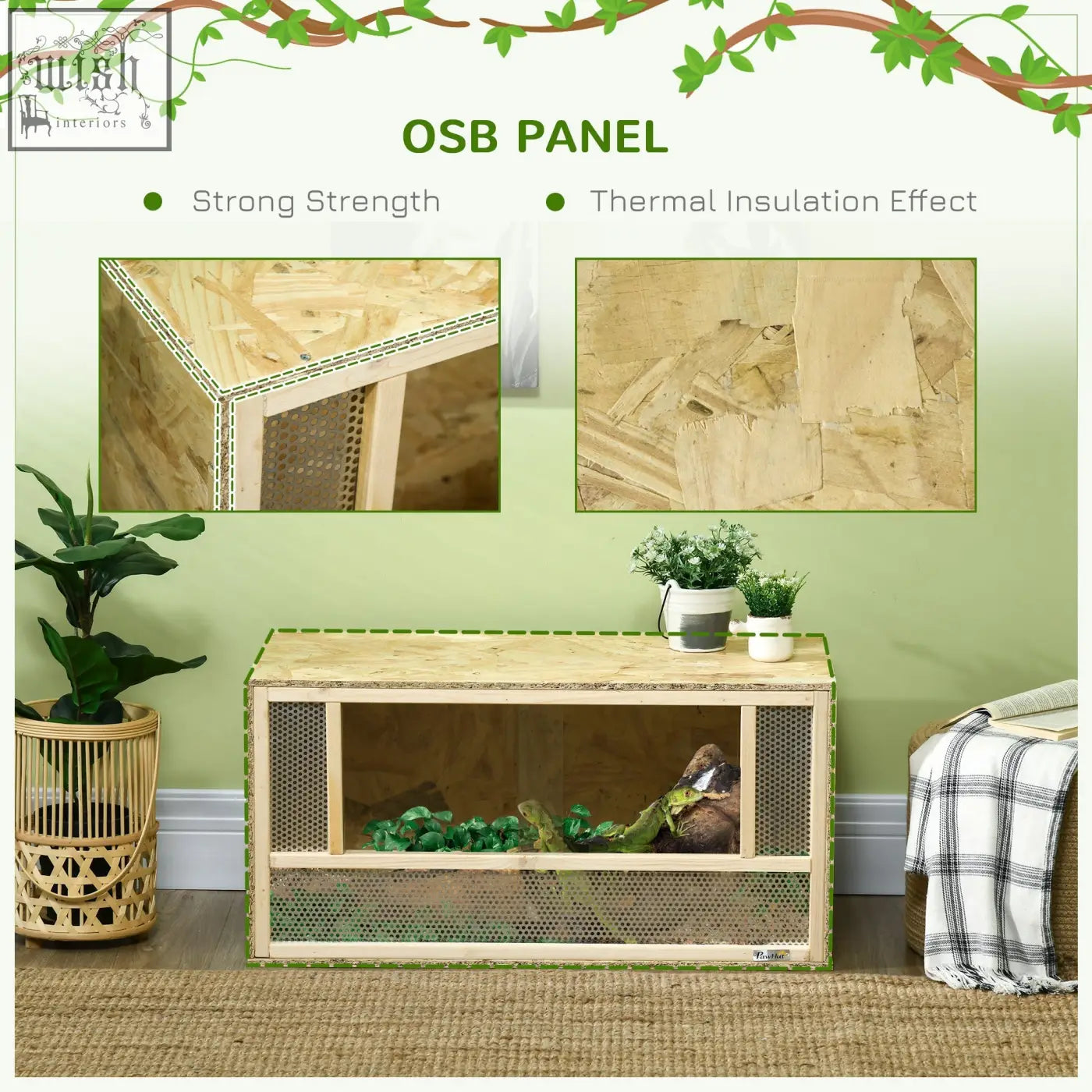 Pawhut reptile terrarium with light wood osb panels and green trim featuring breathable mesh panels for lizards and snakes