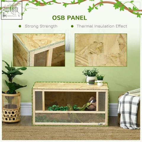 Pawhut reptile terrarium with light wood osb panels and green trim featuring breathable mesh panels for lizards and snakes