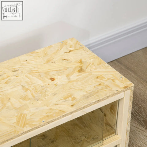 Pawhut reptile terrarium with breathable mesh panels features a light wooden side table with osb top and glass shelf