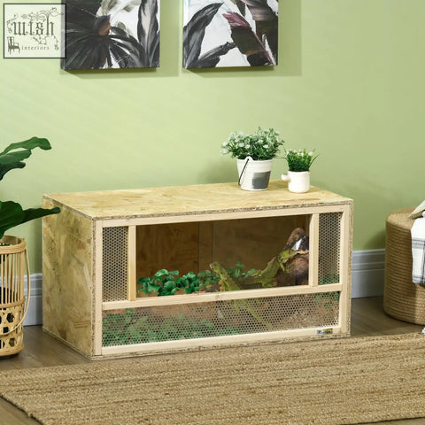 Light-colored wooden pawhut reptile terrarium with breathable mesh panels and sliding doors for lizards and snakes