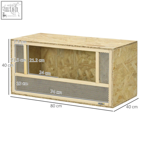 Beige wooden pawhut reptile terrarium with breathable mesh panels and transparent sliding doors for lizards and snakes