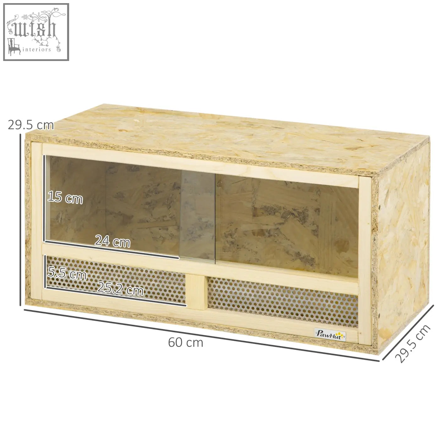 A light beige wooden pawhut reptile terrarium with clear sliding doors and breathable mesh panels for lizards and snakes