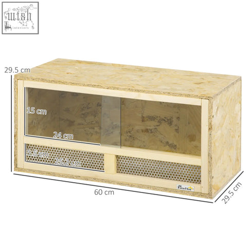 A light beige wooden pawhut reptile terrarium with clear sliding doors and breathable mesh panels for lizards and snakes