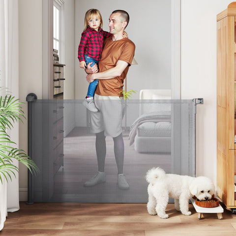 Gray mesh retractable dog gate with black metal frame and side brackets for stairs and doorways by pawhut
