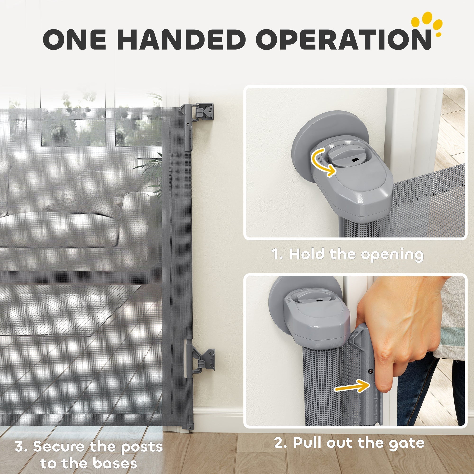 Gray mesh retractable dog gate with one-handed operation and wall-mounted posts for stairs and doorways