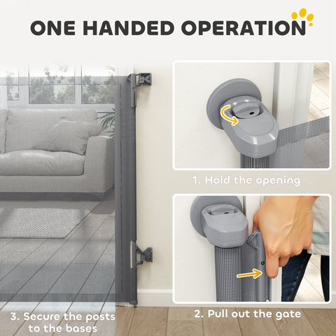 Gray mesh retractable dog gate with one-handed operation and wall-mounted posts for stairs and doorways
