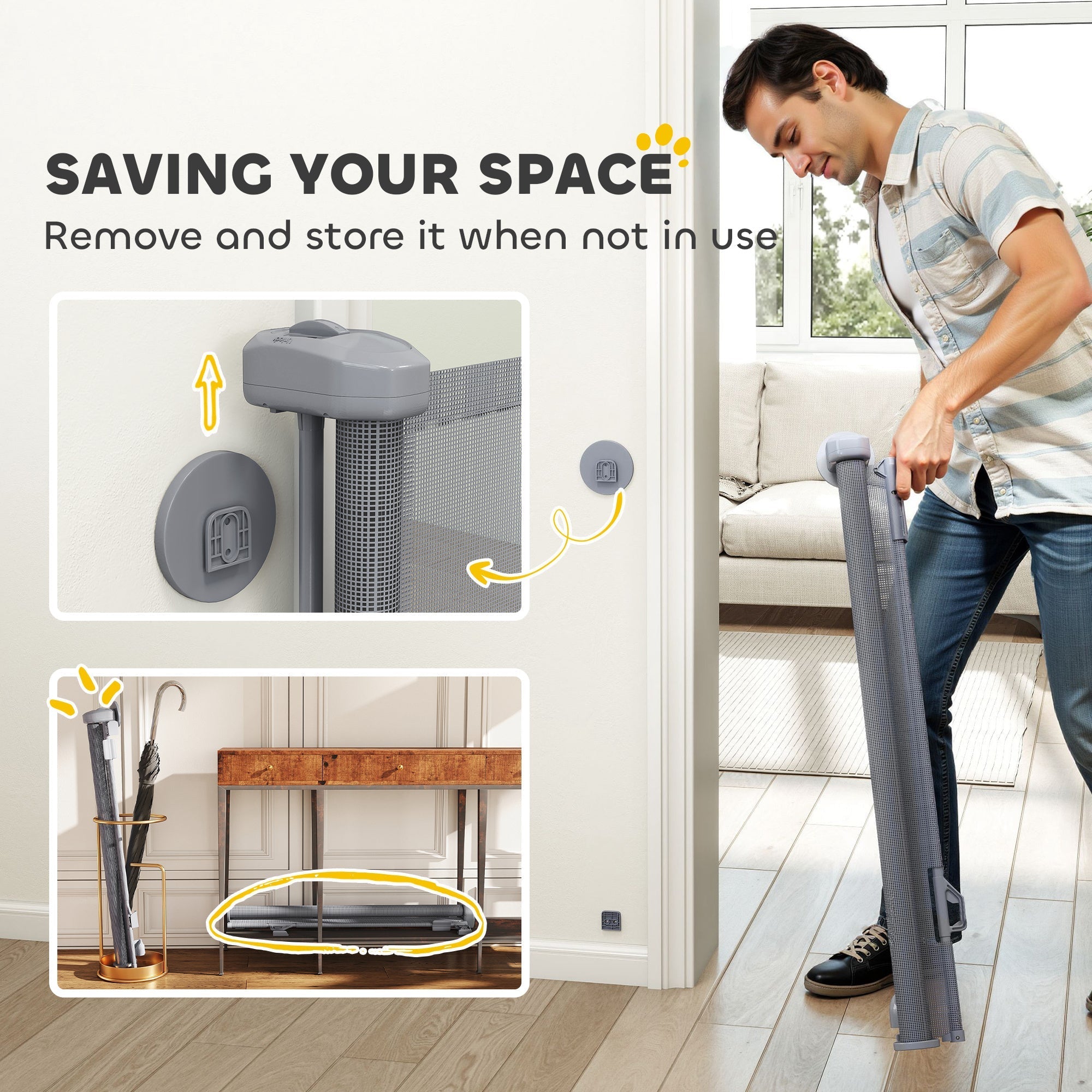 Gray mesh retractable dog gate with foldable design and magnetic wall mounts for space-saving storage by pawhut