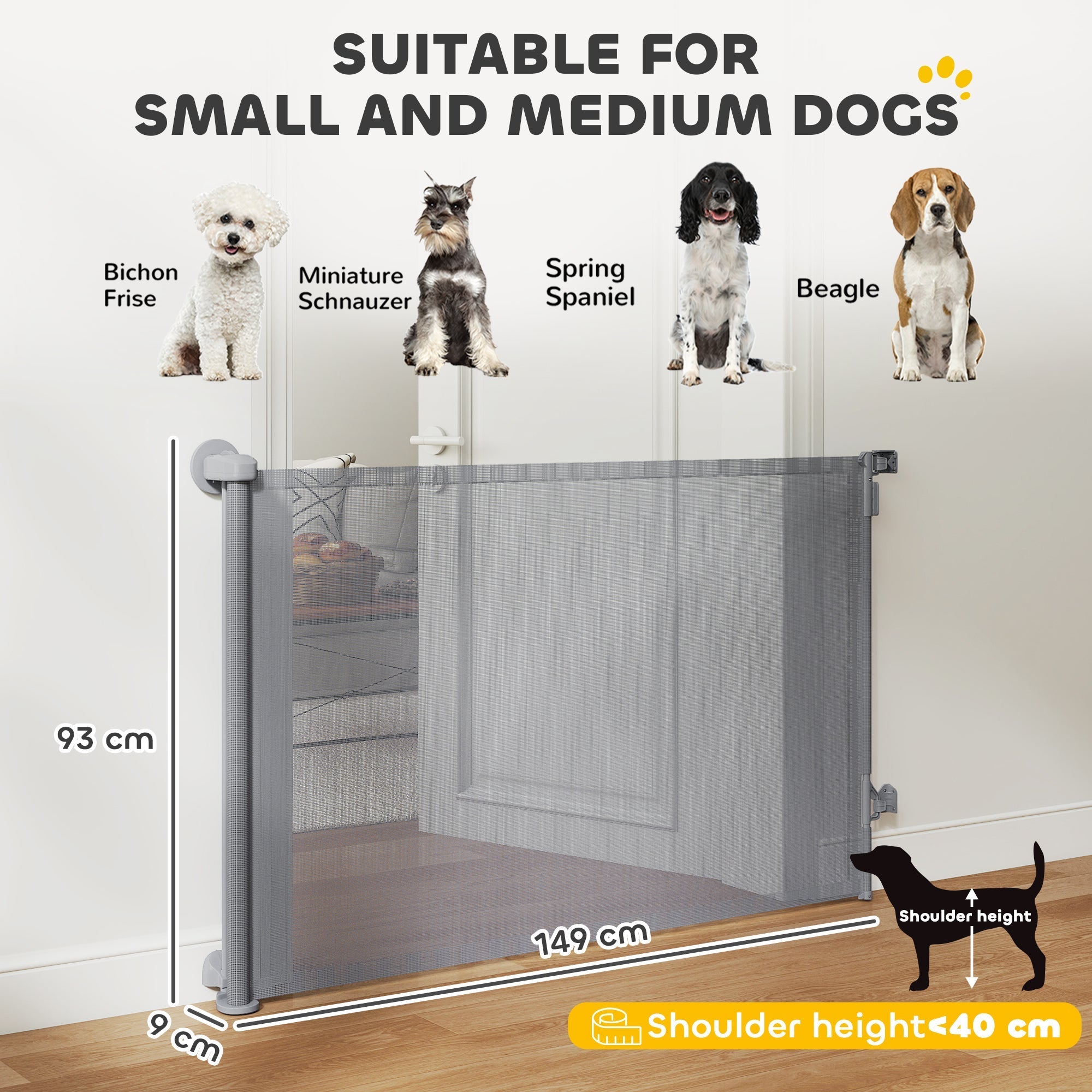 Gray mesh retractable dog gate by pawhut extends to 140 cm wide and 93 cm tall for small to medium dogs